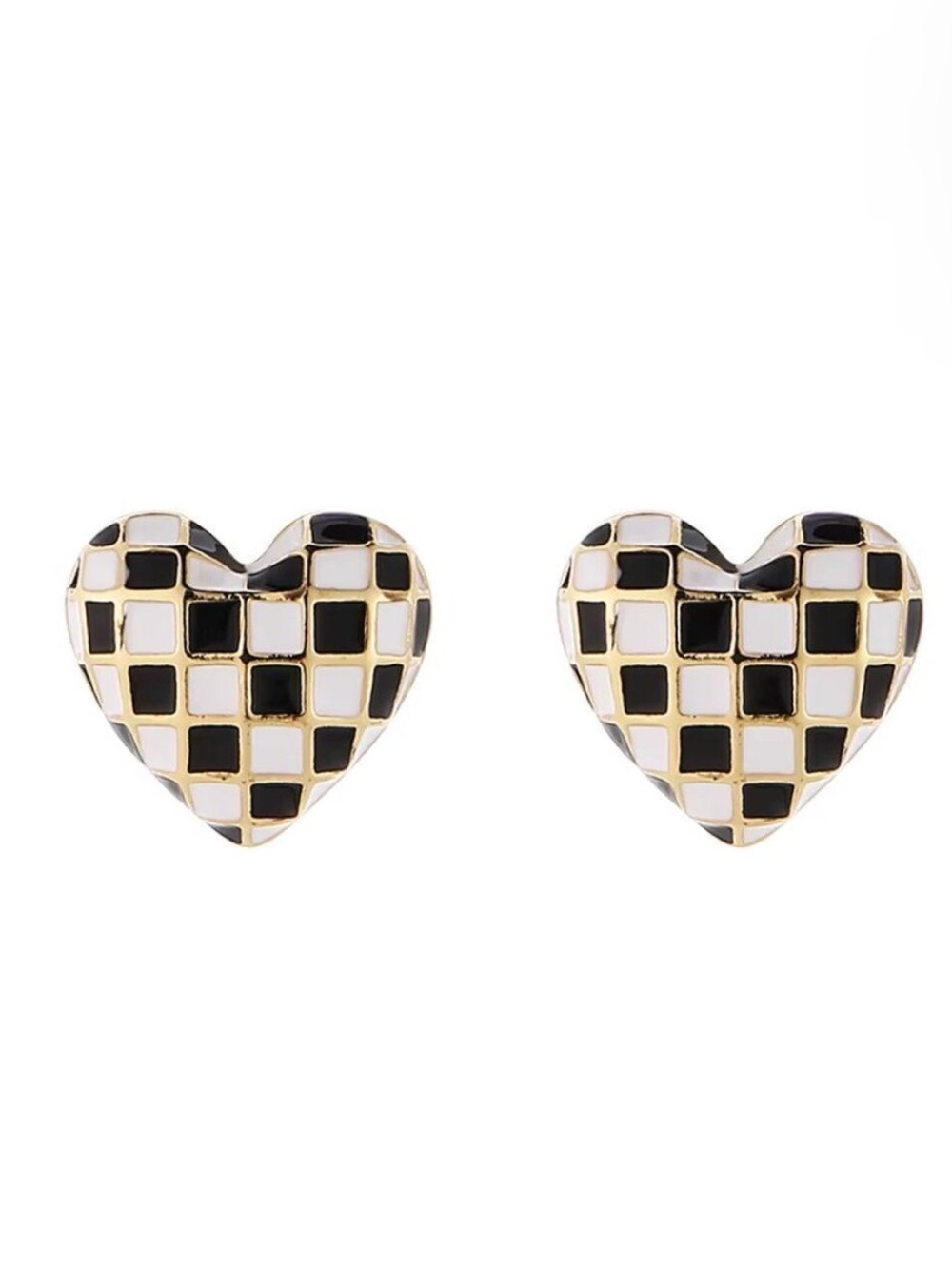 Madewell Black and White Checkered Heart Studs with Gold Trim